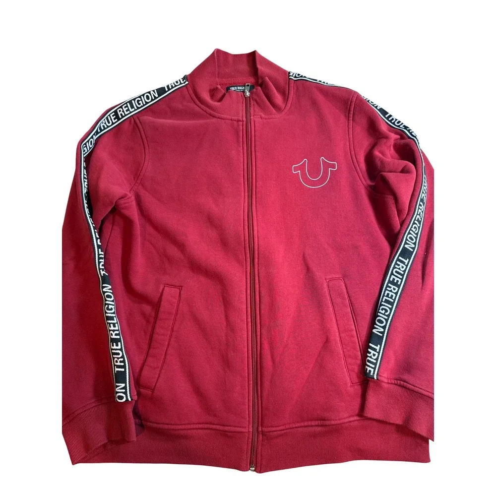 True Religion Mens Red Logo Tape Full Zip Track Jacket Fleece Sweatshirt Medium